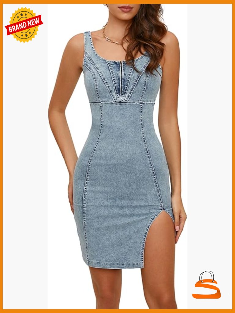U Neck Sleeveless Strap Denim Midi Dress Bodycon Backless Side Slit